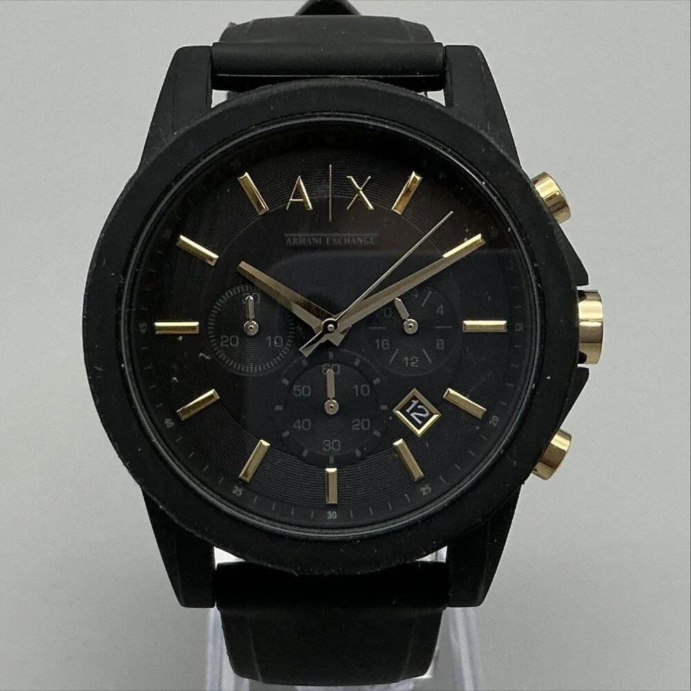 Armani Exchange Mens Watch 45mm Black Dial Chronograph Date Gold Tone New Batt